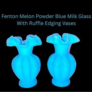 Fenton Melon Powder Blue Milk Glass With Ruffle Edging Vases